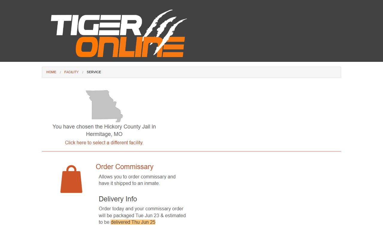 Tiger Commissary page for Hickory County Jail in Hermitage