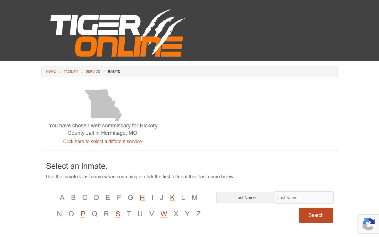 Tiger Commissary inmate selector for Hickory County Jail