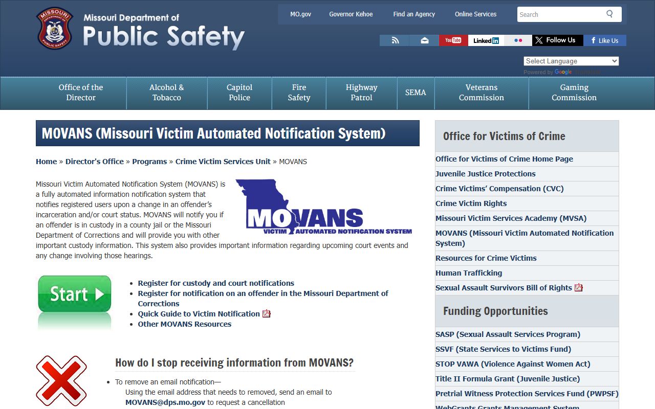 Missouri DPS MOVANS custody and court notification page